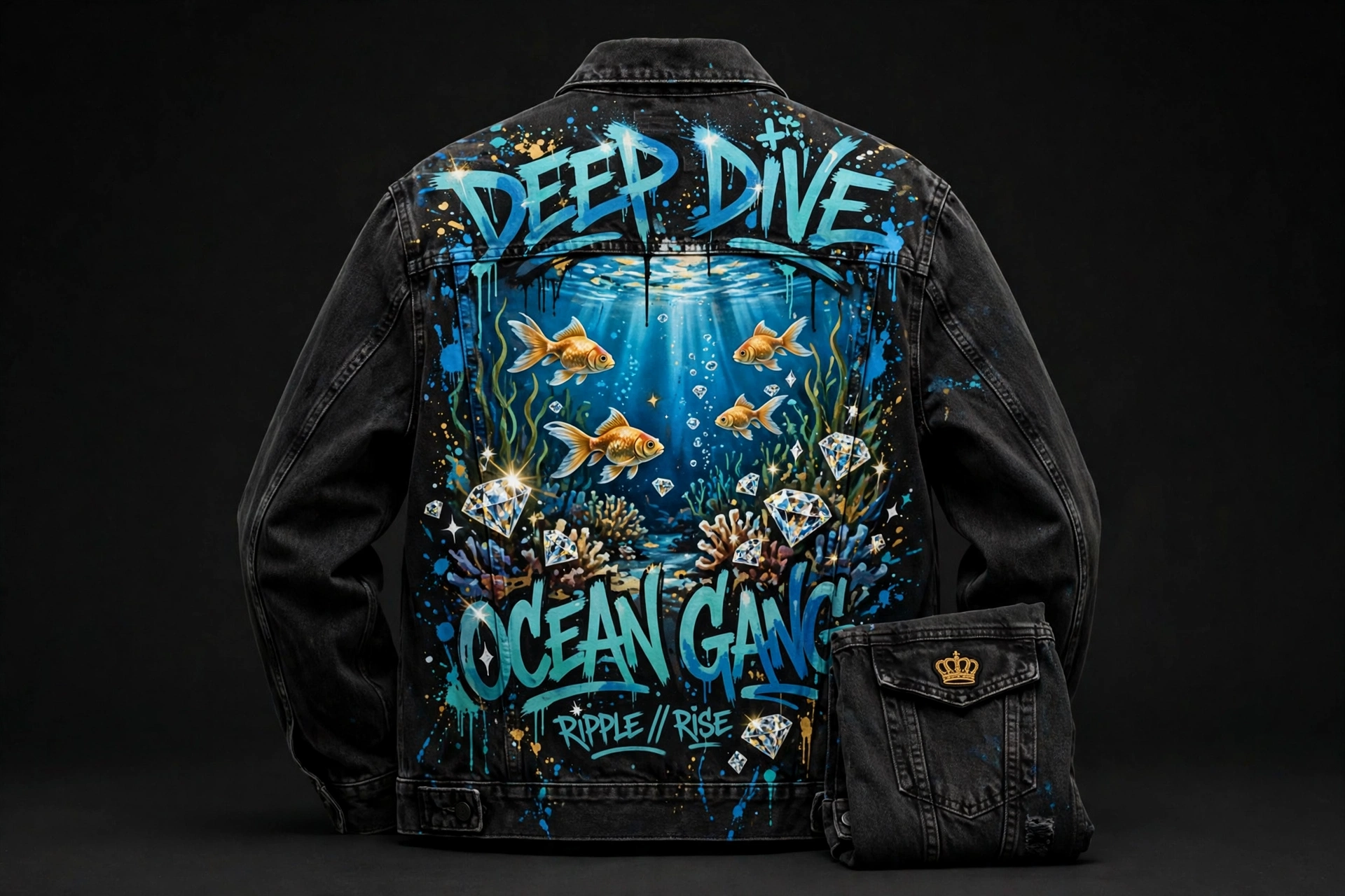 Aquarium Deep Dive Denim Jacket — washed black denim jacket shown from the back with a full painted aquarium scene: goldfish, diamonds in the water, graffiti lettering, and a small gold crown on the pocket