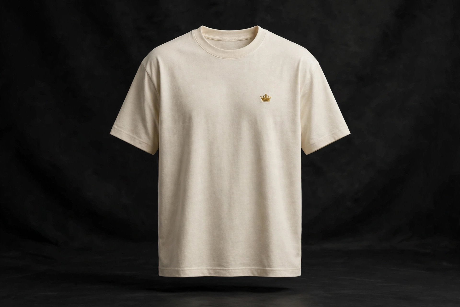 Cream crown tee — minimal cream-colored tee with a small gold crown on the chest