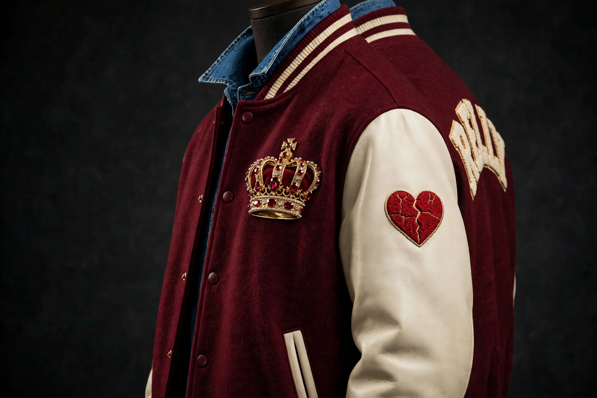 Crown Varsity jacket — burgundy and cream varsity jacket with a denim collar, jeweled gold crown brooch at the chest, RELLY chenille across the back and a cracked red heart patch on the sleeve