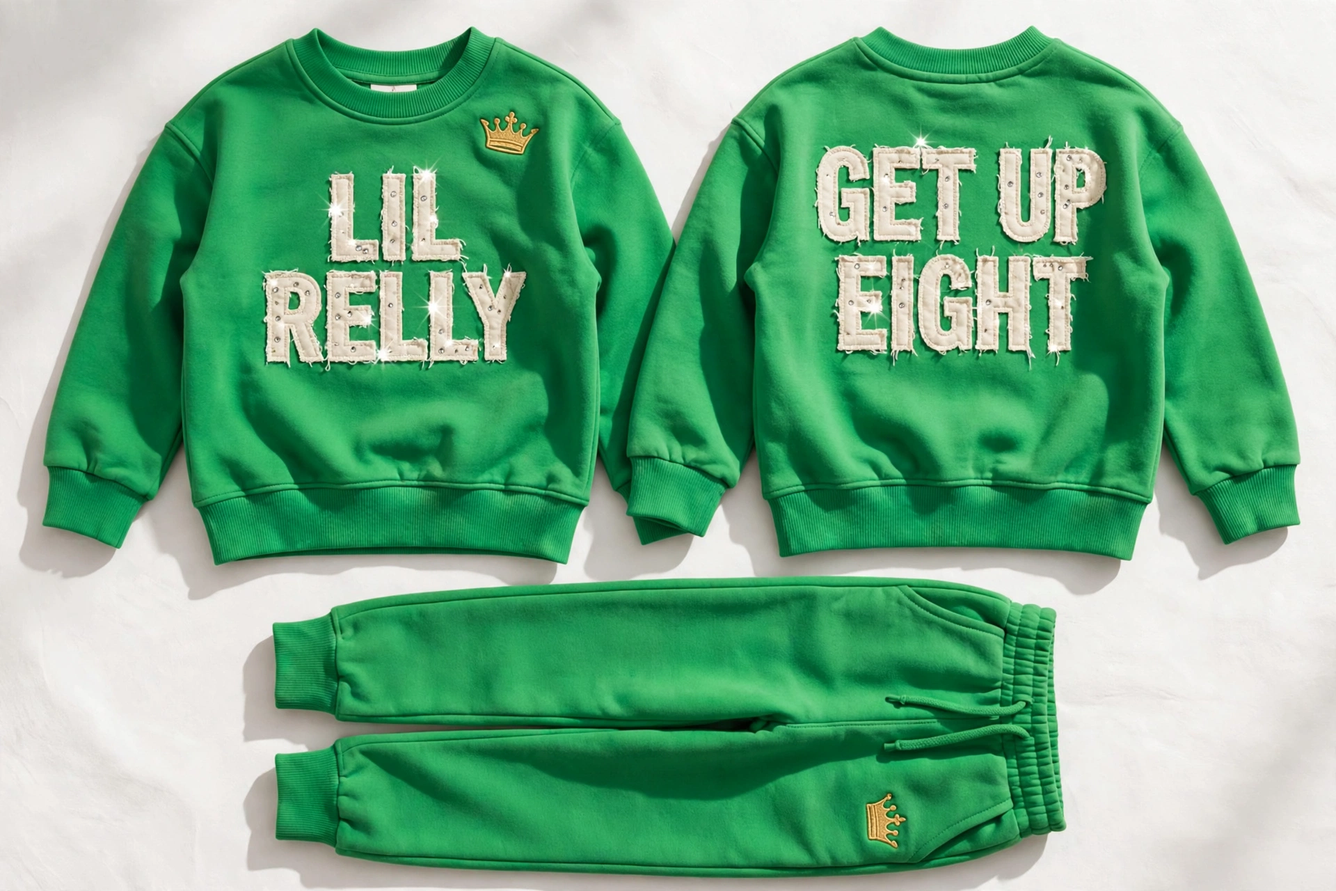 Kids Get Up Eight Rhinestone Set — kelly-green kids' sweatsuit with LIL RELLY distressed appliqué and rhinestone flecks, GET UP EIGHT across the back