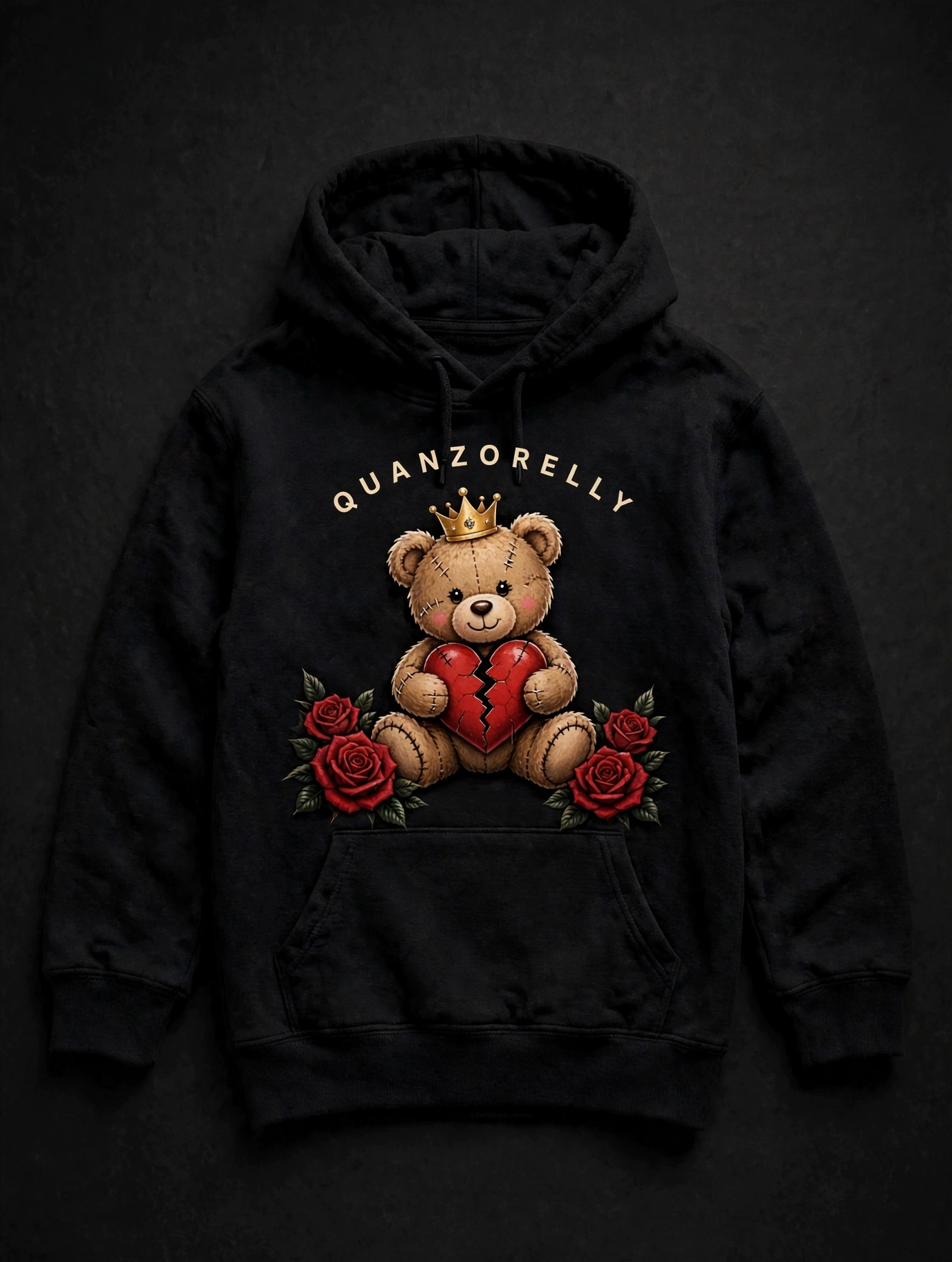 Kids Teddy hoodie — kids' pullover hoodie with a crowned stitched teddy bear hugging a cracked red heart among red roses