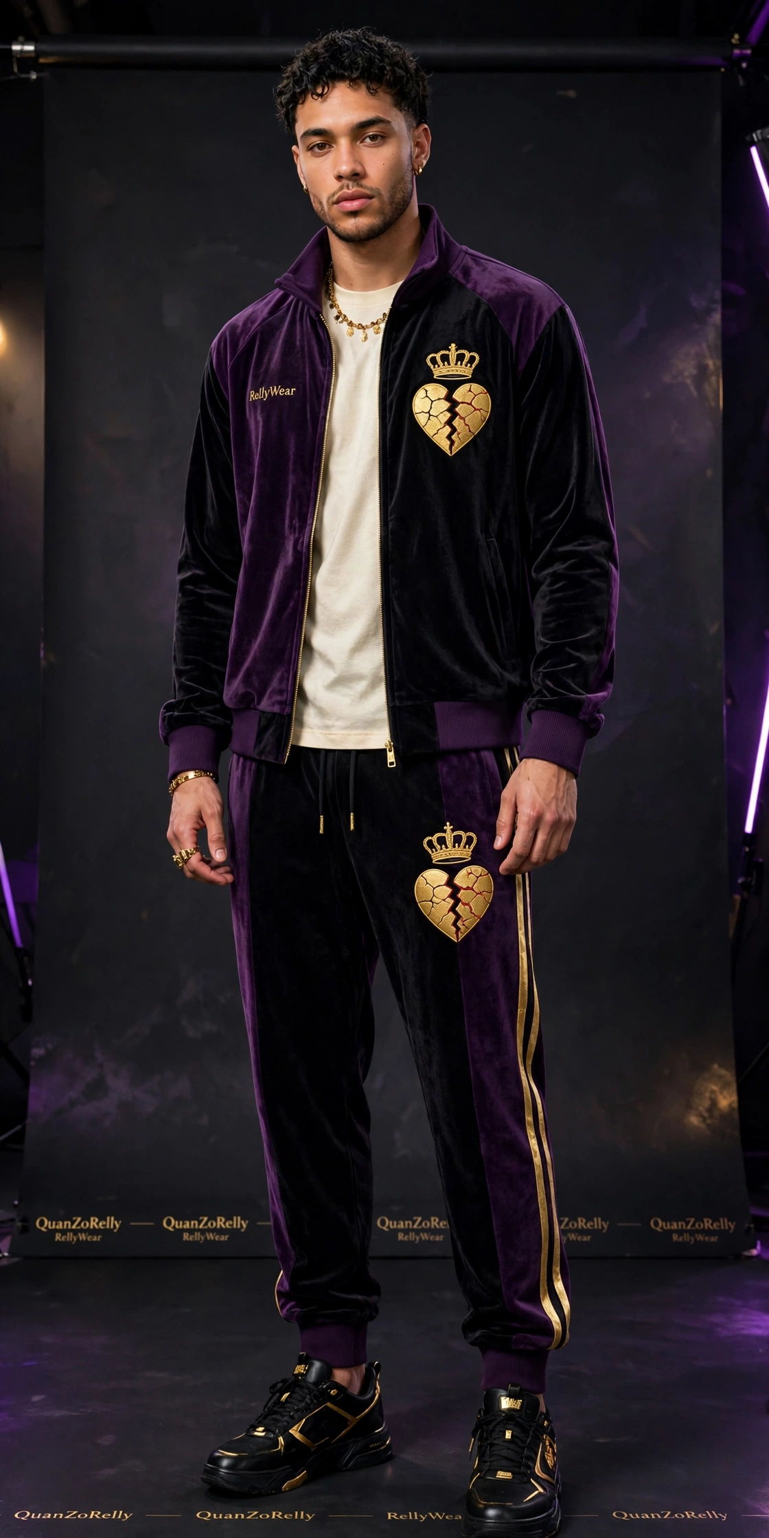 Norfolk Nights Velour Tracksuit — black and deep-purple color-block velour tracksuit with a gold crown-over-cracked-heart emblem on the chest and thigh