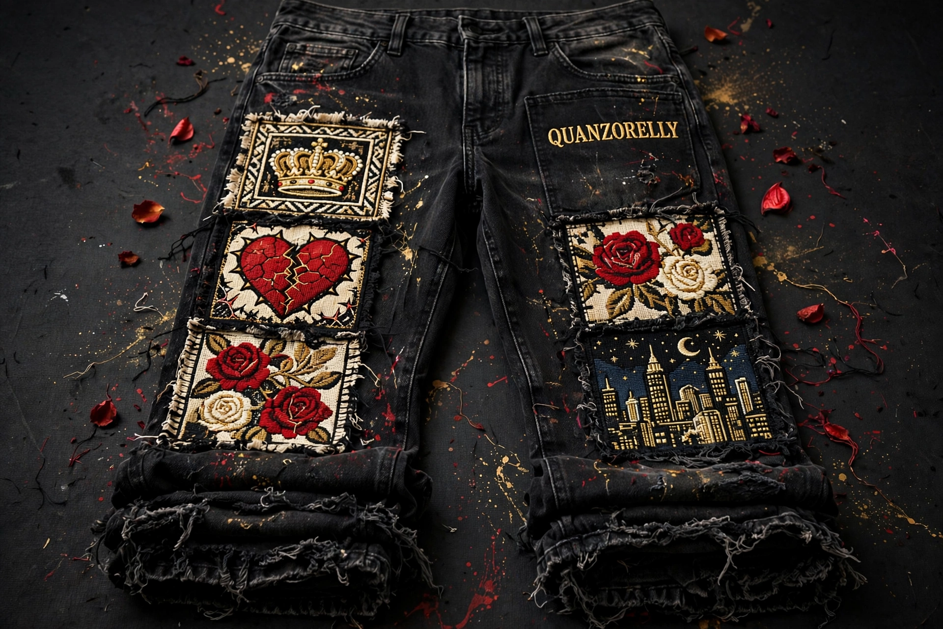 Tapestry stacked jeans — black stacked denim with woven tapestry panels frayed down the legs showing a gold crown, cracked red heart, roses and a night-city skyline
