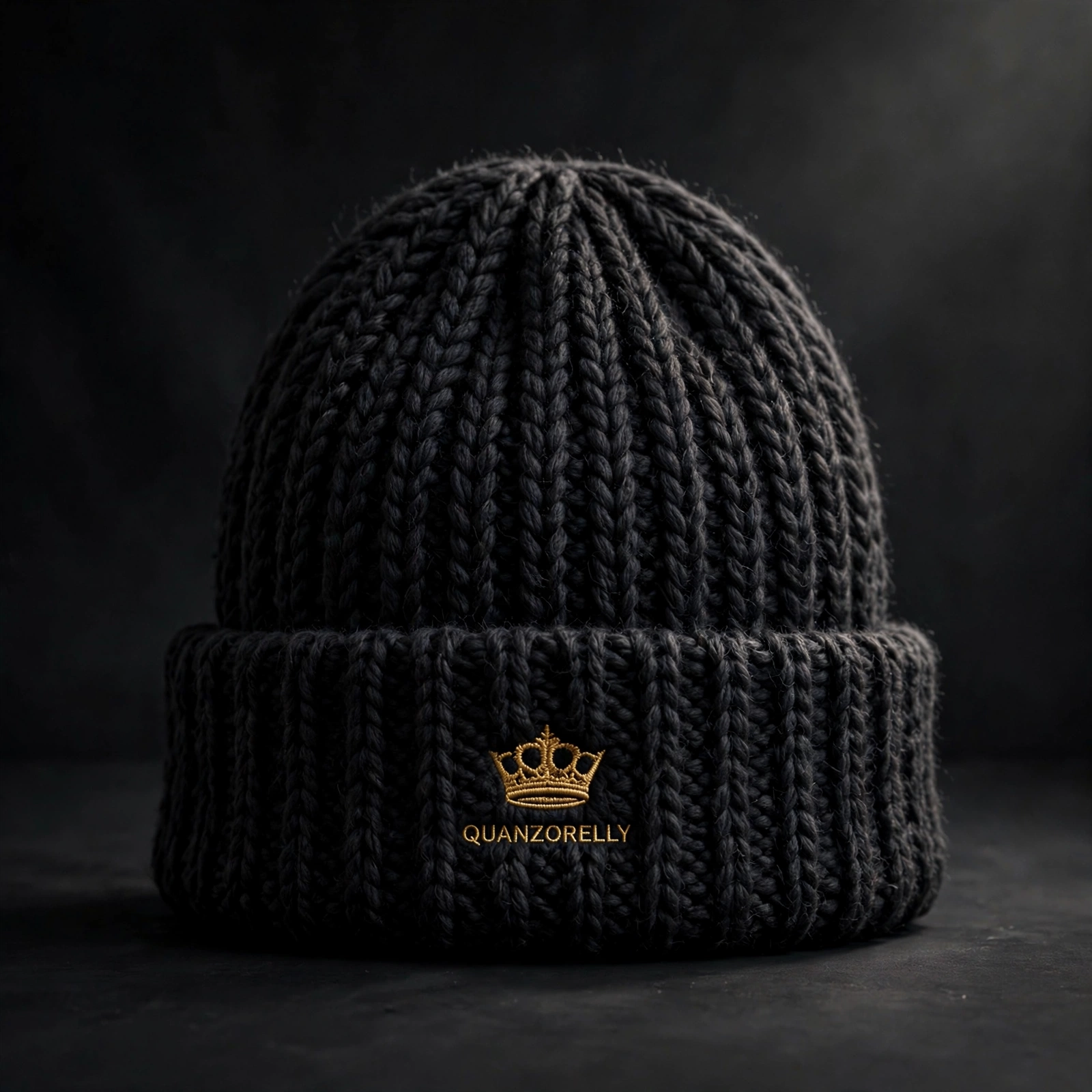 Winter beanie — knit beanie with the gold crown and QuanZoRelly embroidered on the cuff