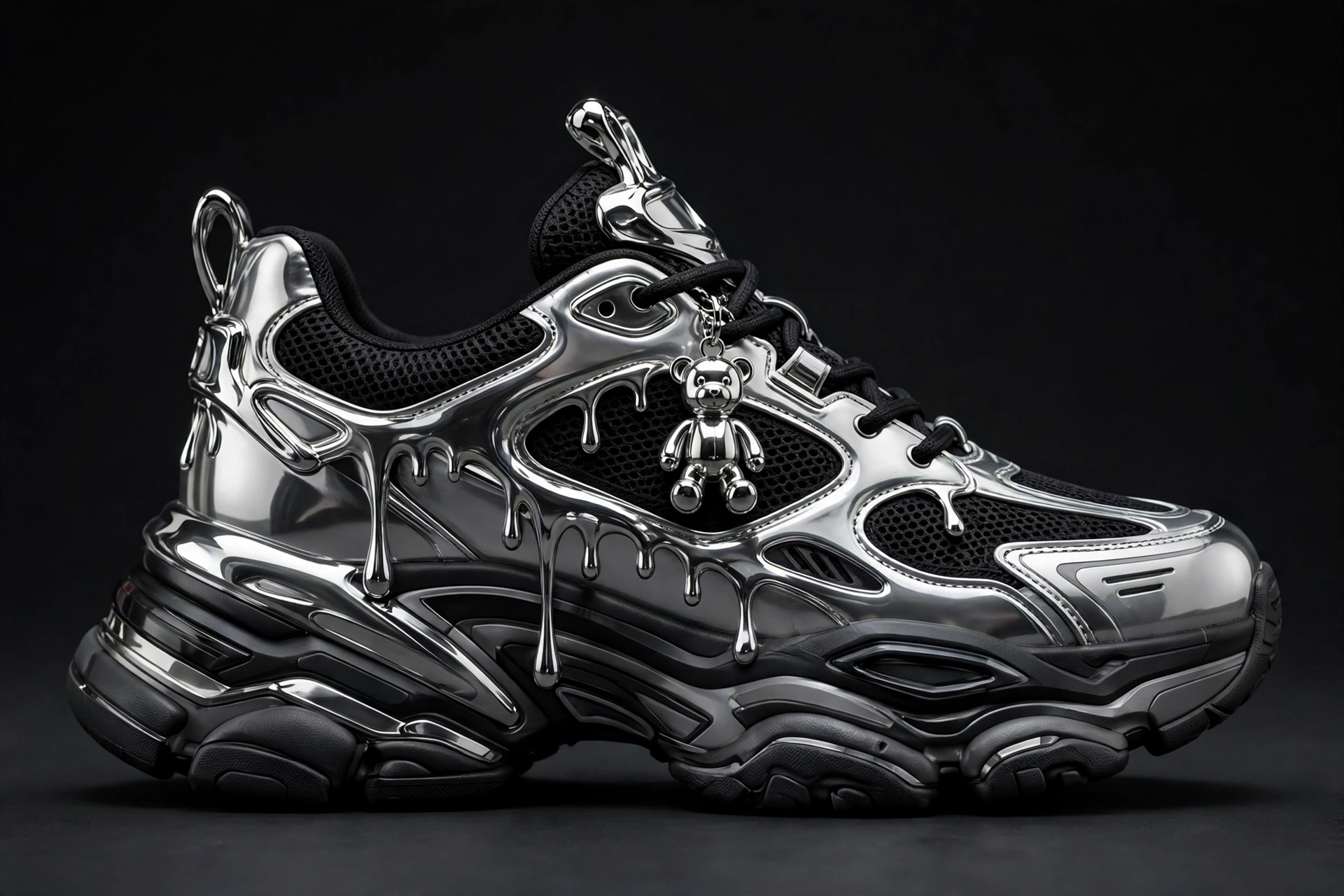 Zofe Z's Chrome runners — custom runner sneakers with liquid metal dripping down the sides and a chrome bear charm on the laces