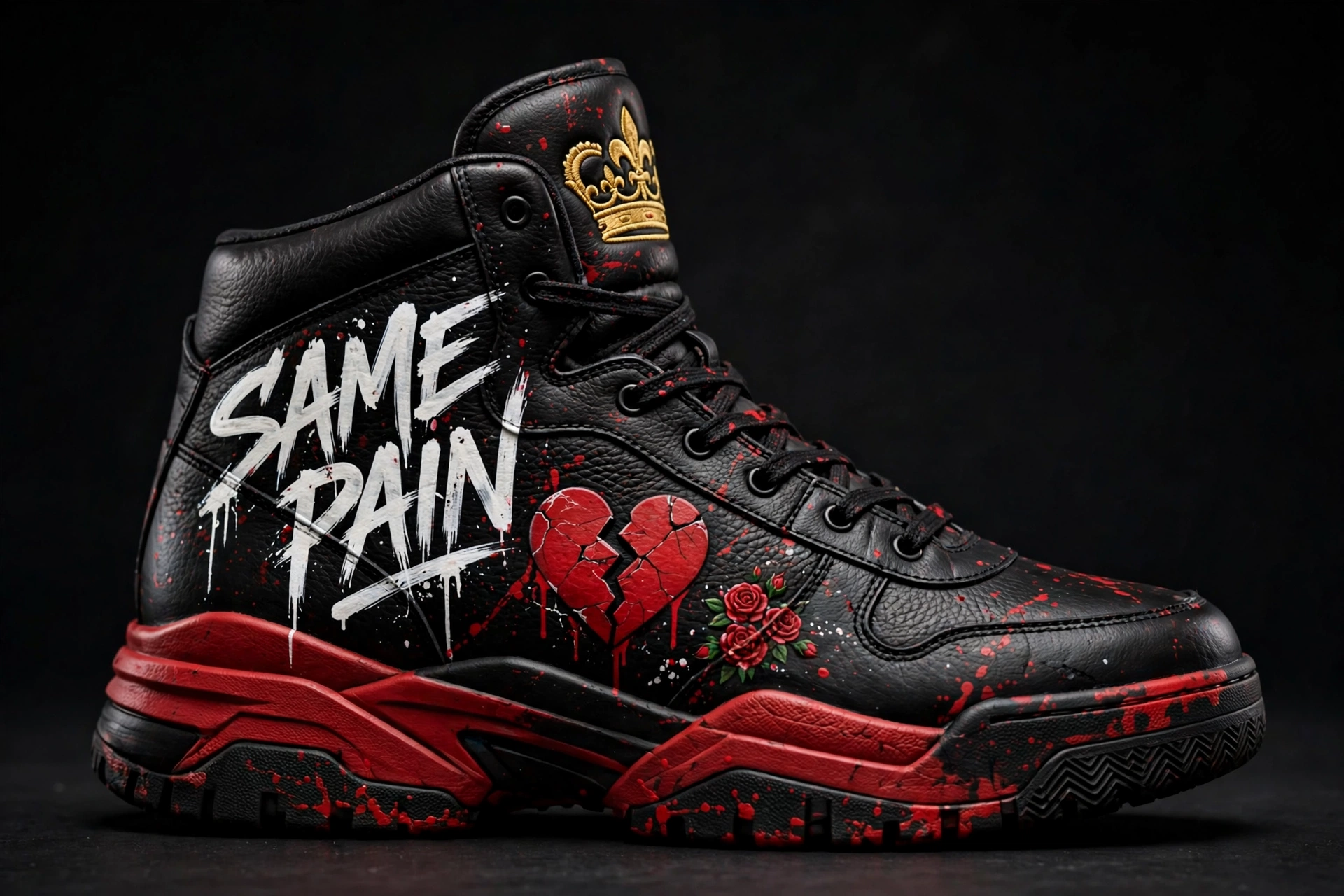Zofe Z's Same Pain high-tops — custom sneakers with graffiti lettering, a cracked heart, roses, a gold crown on the tongue, and a red splatter sole