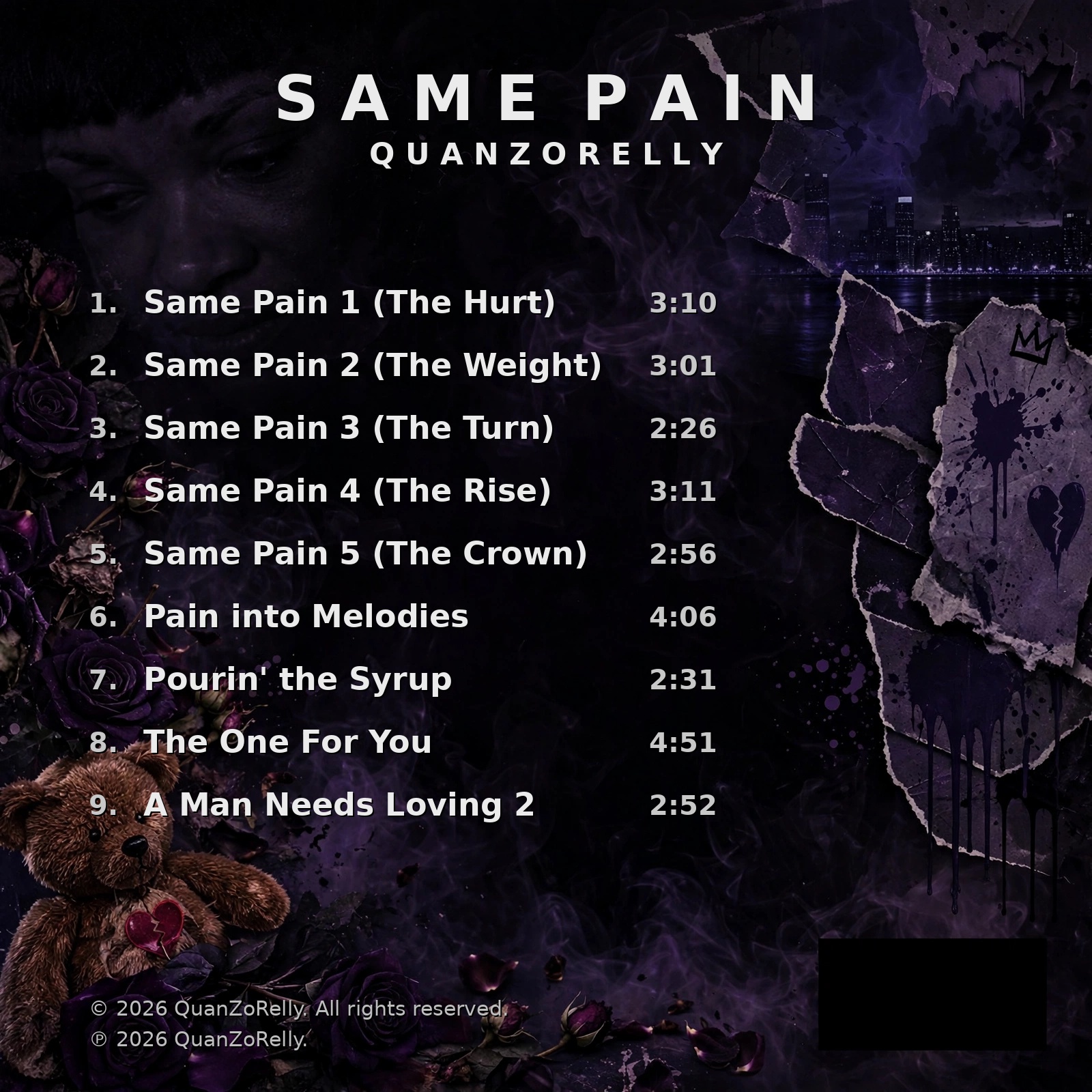 SAME PAIN back cover with the full tracklist over a dark purple background